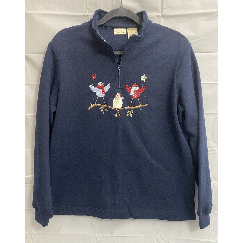 Bobbie Brooks Navy Blue Women's Sweatshirt Size L Winter Theme 1/4 Zipper (80)